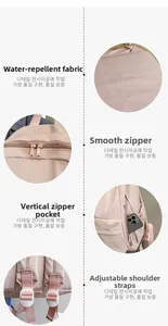 Detail view of pink backpack featuring water-resistant fabric, smooth zippers and adjustable straps