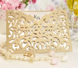 Wedding Invitation Card Cover Laser Cut Hollow Pearlescent Paper Creamy Gold Floral Lace Design Bridal Shower Party