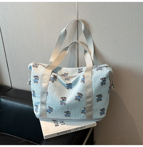 Detail of light blue foldable travel bag with bear pattern and wide cream handles