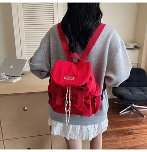 Detailed back view of a red nylon backpack featuring top flap and adjustable buckle closure