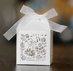 White laser cut hollow bear gift box with white organza ribbon for children's day