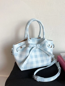 Sac Seau à Carreaux Gingham Mode pour Femmes Décor Nœud Sac à Main en Cuir PU Sac à Bandoulière Doux Sac Fourre-Tout Quotidien