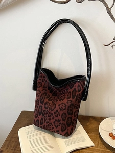 Fashionable Leopard Print Suede Bucket Bag For Women Vintage Crossbody Shoulder Bag Synthetic Leather Trim Daily Handbag