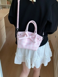 Sac seau rose à carreaux avec nœud et bandoulière réglable pour femme, style décontracté