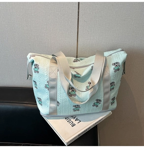 Detail of mint green travel bag with embroidered cartoon bears and gray strap handles