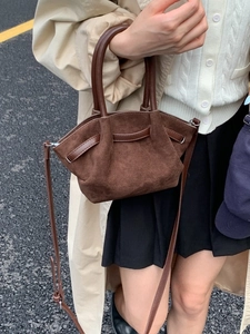 Retro dark brown faux suede tote bag with leather straps and spacious fan-shaped design