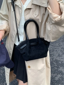 Retro black faux suede tote bag with round handles and shoulder strap for women