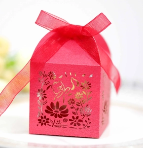 Macro detail of red laser-cut candy box featuring intricate floral and rabbit patterns
