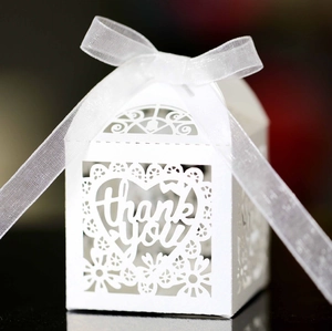 Close-up of white heart lace paper gift box with镂空 Thank You text and ribbon