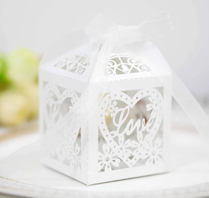 Detailed laser-cut heart pattern and Love script on a white wedding favor gift box