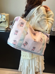 Pink large capacity foldable travel tote bag with cartoon dog pattern and expandable bottom