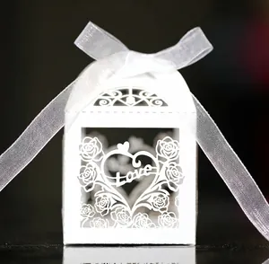 Laser Cut Rose Heart Love Candy Box Pearl Paper Hollow Out Gift Box With Ribbon For Wedding Party Valentine Day Favor Box