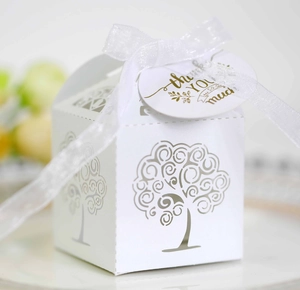 Close-up of white laser cut hollow gift box with tree pattern and Thank You tag