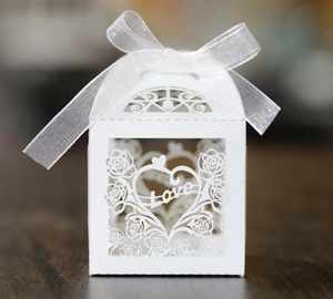 Detail of white laser-cut rose patterns and Love heart on a wedding candy box