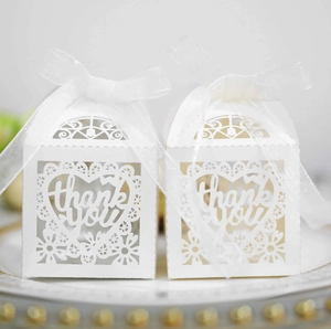 Detail of laser-cut heart pattern and Thank You text on white lace wedding favor box