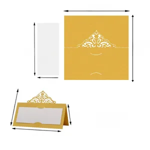 Detailed size chart for gold laser-cut wedding place cards with crown lace design
