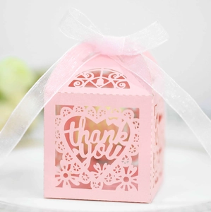 Pink laser cut heart lace thank you gift box with white organza ribbon for weddings