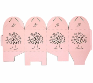 Flat layout of pink laser-cut candy gift box with floral tree design and pearlescent finish