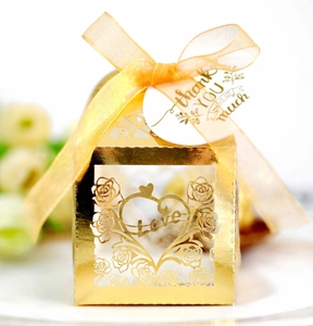 Elegant gold hollow laser-cut favor box with Love design and Thank You tag for weddings