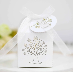 Detailed laser-cut rose tree on a white gift box with a thank you tag and ribbon