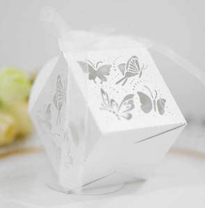 Detail der lasergeschnittenen Schmetterlingsmuster und weißen Schleife an der Geschenkbox