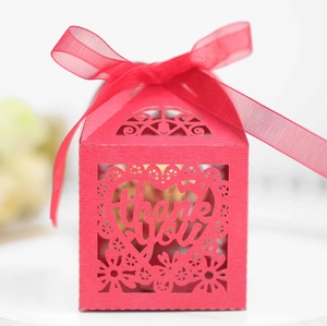 Red laser-cut wedding favor box with heart镂空 thank you design and ribbon bow