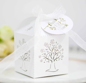 European white paper favor box with silver rose tree pattern and Thank You tag