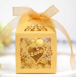 Golden laser cut Love heart wedding favor box with rose design and ribbon bow