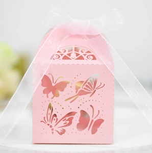 Nahaufnahme der rosa Laserschnitt-Schmetterlingsbox mit elegantem weißem Organzaband