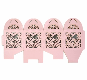 Detailed laser-cut flat template of pink wedding favor box with Love heart pattern