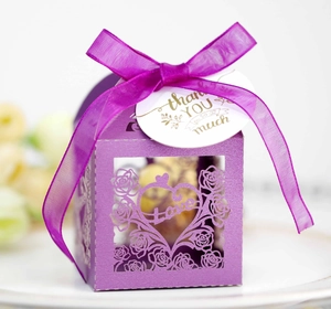 Detail of purple laser-cut rose and heart gift box with Love cutout and Thank You tag