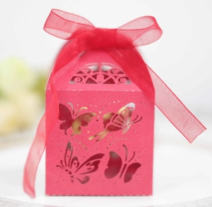 Nahaufnahme der rosa lasergeschnittenen Schachtel mit Schmetterlingen und rotem Band