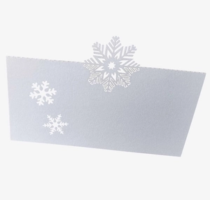 Detailed laser-cut white snowflake place card for Christmas and winter weddings