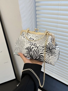 New Chinese Style Vintage Embroidered Jacquard Evening Bag Artificial Pearl Handle Kiss-Lock Handbag Crossbody Bag For Wedding Party