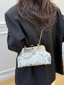 Modern Chinese style shell bag with floral embroidery and white pearl handle