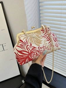 Vintage style embroidered shell bag with gold handle and floral pattern for women