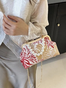 New Chinese style shell bag with floral embroidery, pearl handle and gold chain strap