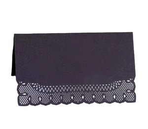 Elegant black laser cut lace place cards with intricate hollow design for wedding table settings