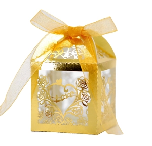 Golden hollow Love and rose pattern wedding candy gift box with a silk ribbon bow
