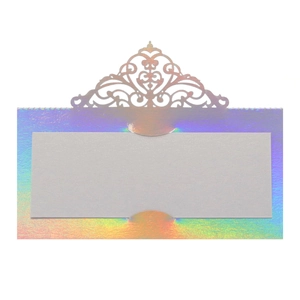Iridescent laser-cut heart pattern place card holder with blank gray insert card