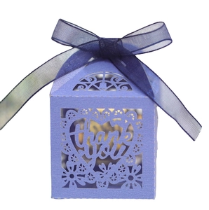 Purple laser-cut lace heart gift box with Thank You cutout and deep blue ribbon bow