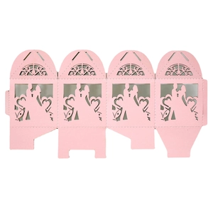 Pink heart laser cut wedding candy box with groom and bride silhouette in flat state