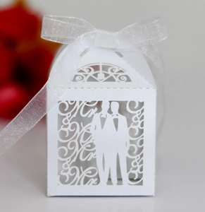 Macro shot of laser-cut Mr & Mr wedding candy box with white ribbon and silhouette