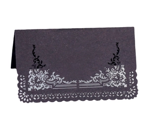 Elegant purple lace laser-cut place card with vintage silver floral patterns for weddings
