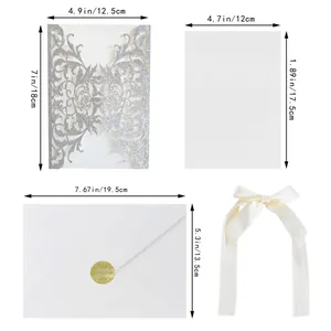 Size chart showing dimensions for laser cut rose wedding invitation suite components