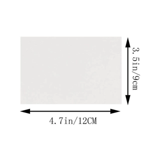 Detailed dimension guide for white pearlescent invitation card showing 12cm x 9cm size
