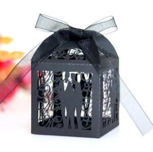 Elegant black laser cut candy box with Mr & Mrs silhouette and decorative silk ribbon