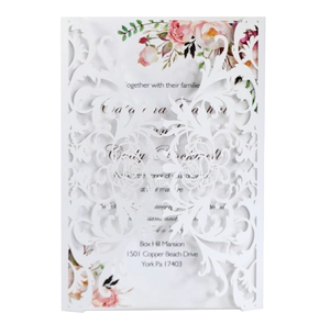 Detail of laser-cut rose hollow invitation sleeve with floral printed insert card