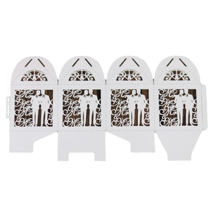 Laser-cut white Mr & Mr paper gift boxes with intricate hollow patterns for gay weddings