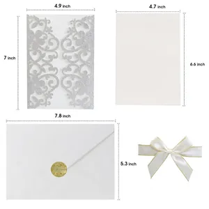 Set inviti matrimonio taglio laser 4,9x7 pollici con nastro glitterato oro e fiocco